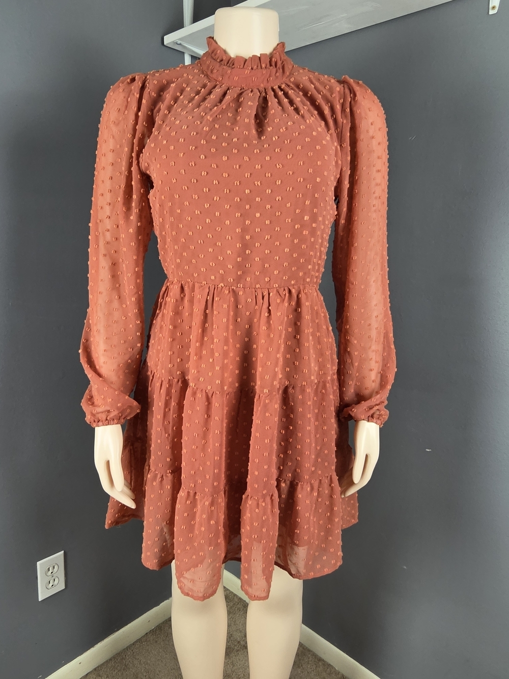 Trixxi Rust Coral Ruffle-Neck Long Sleeve Tiered Mini Dress